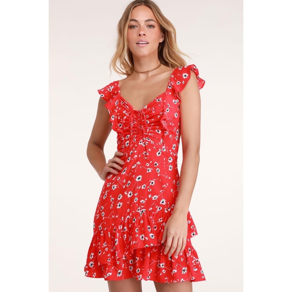 Lulus Red Floral Print Ruffled Mini Dress